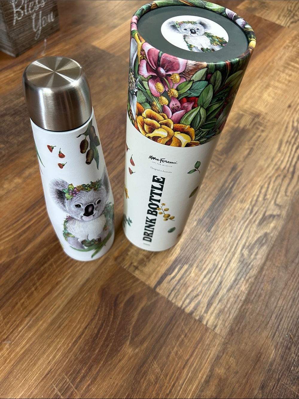 Mini Fornasetti Koala Stainless Drink Bottle - White Floral Accent